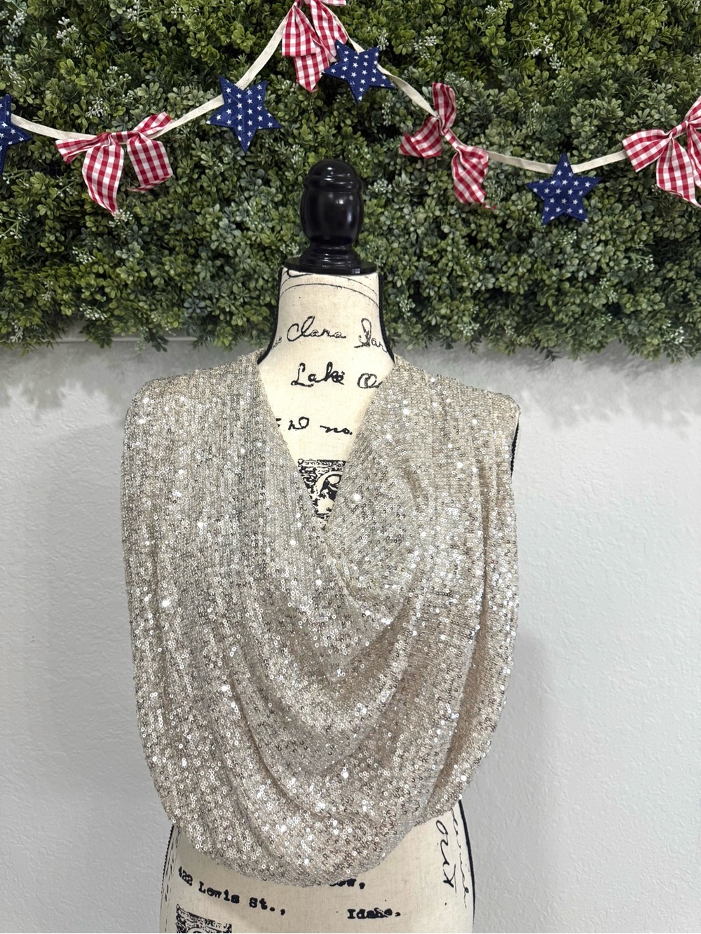 DO+BE Silver Sequin Cowl Neck Draped Party Top Size S